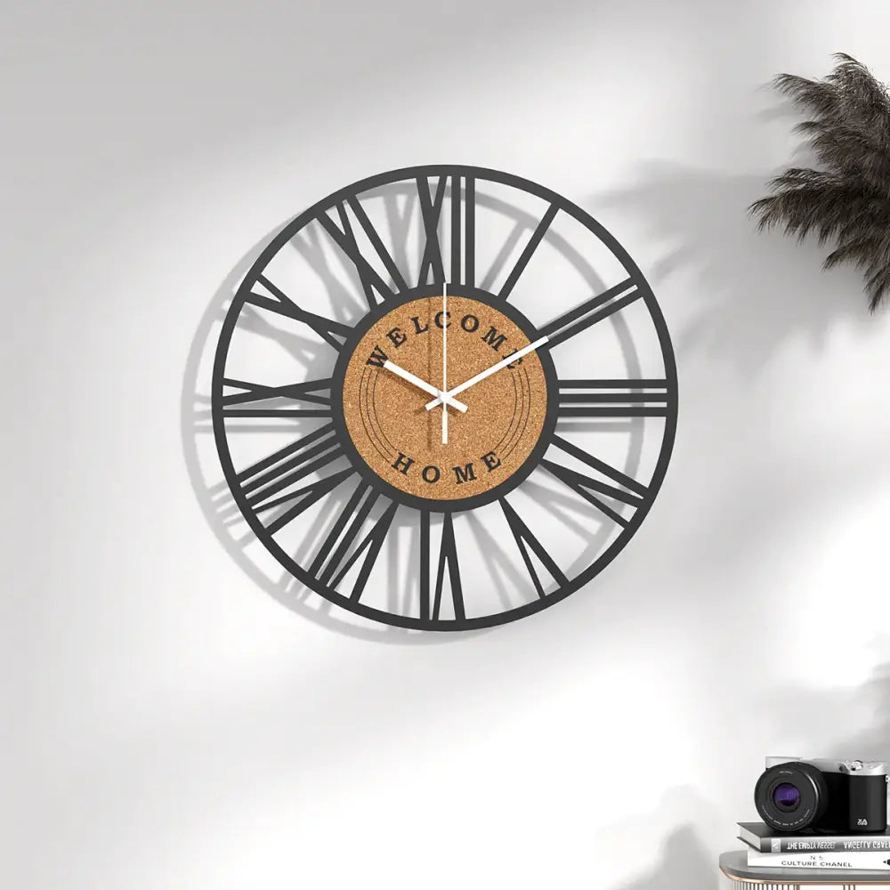 Black metal frame cork wall clock in a modern living room