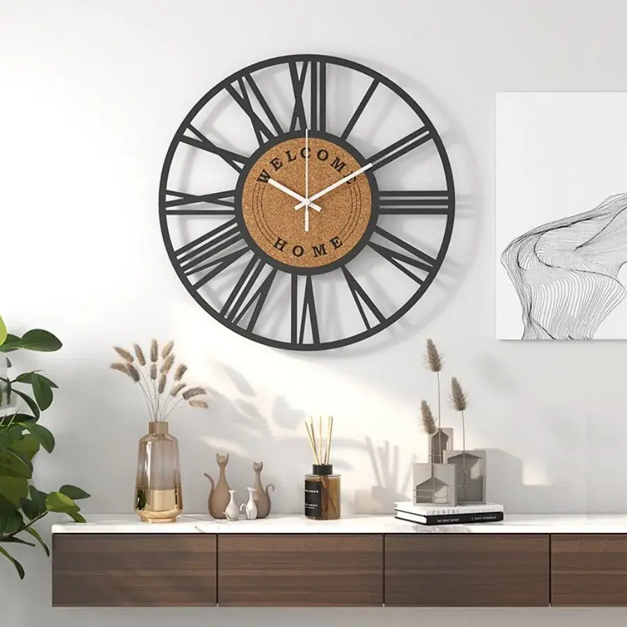 Industrial style wall clock with Roman numerals - side profile view