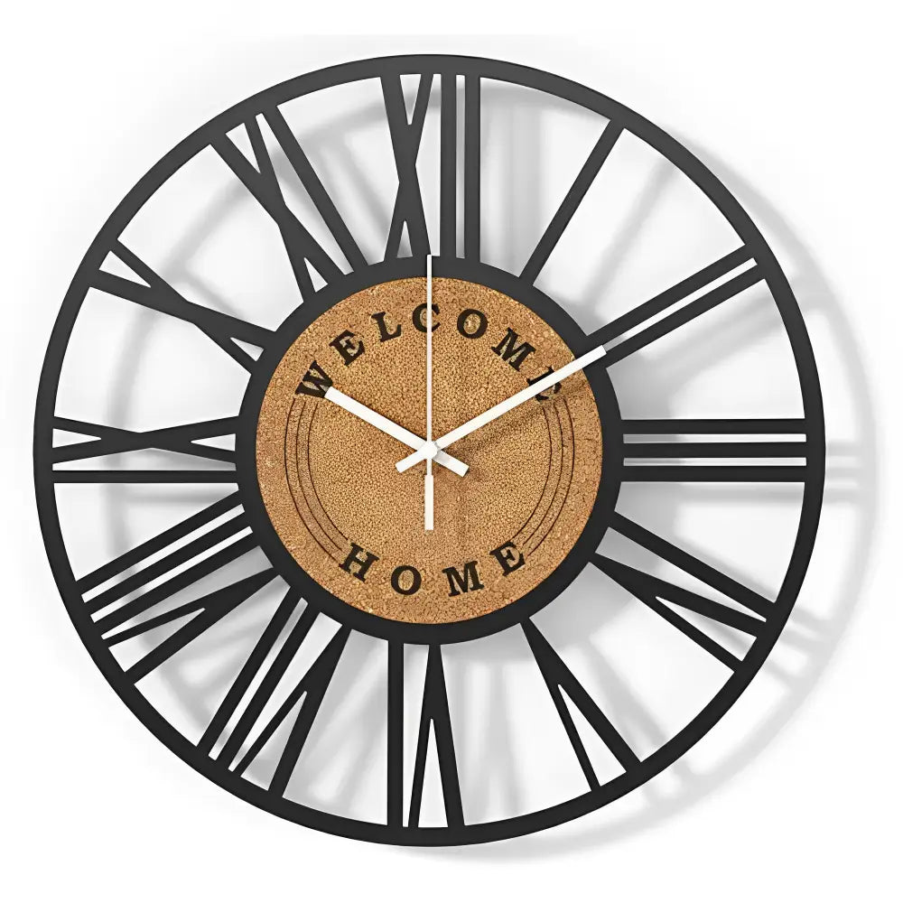 Metal and cork analog clock hanging in a cozy home office