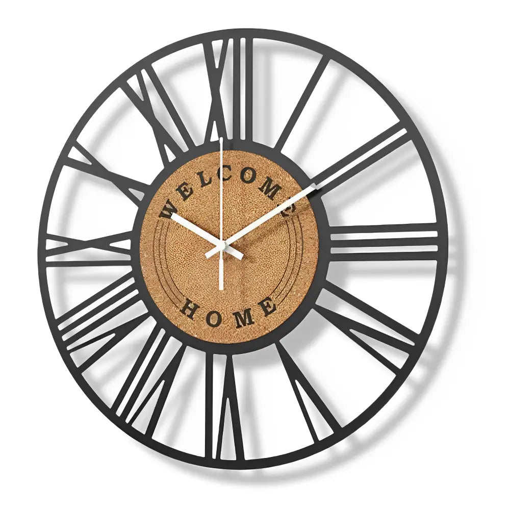 Detail of engraved Roman numerals on cork clock face