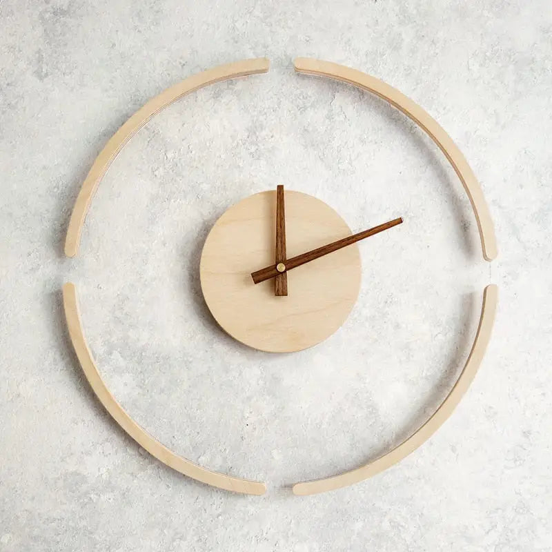 Close-up of silent quartz analog hands on bamboo clock face