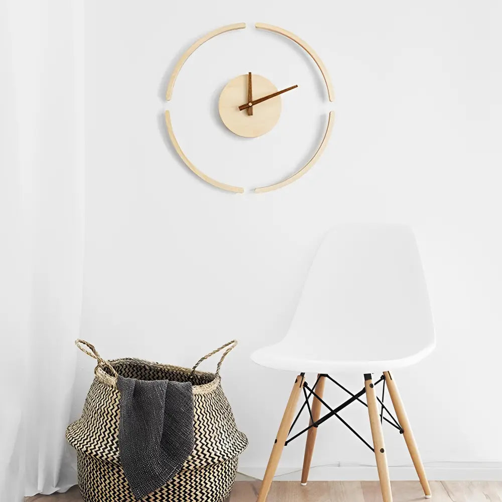 Minimalist wood wall clock in a modern living room setting