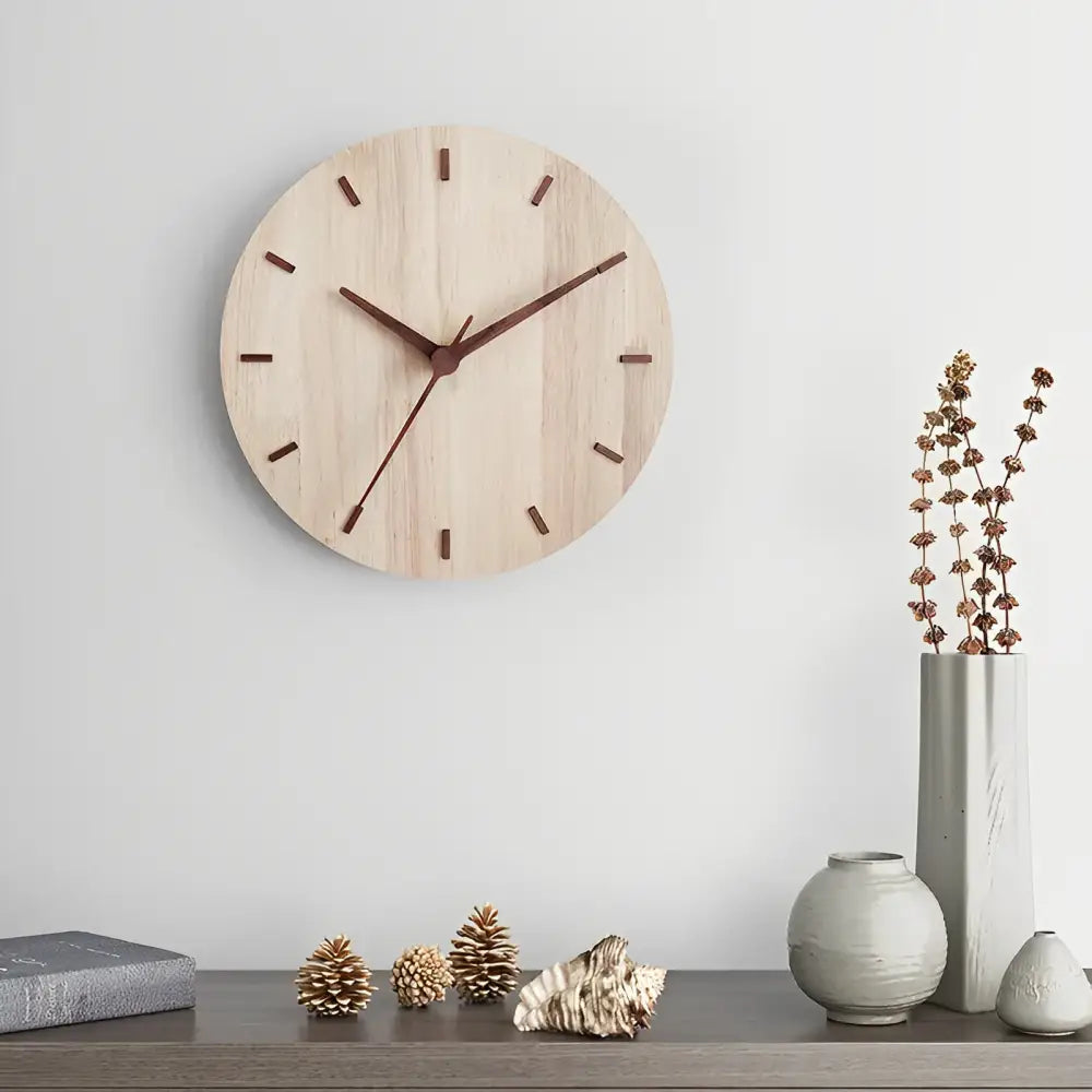 Silent quartz wooden wall clock hanging in a modern living room