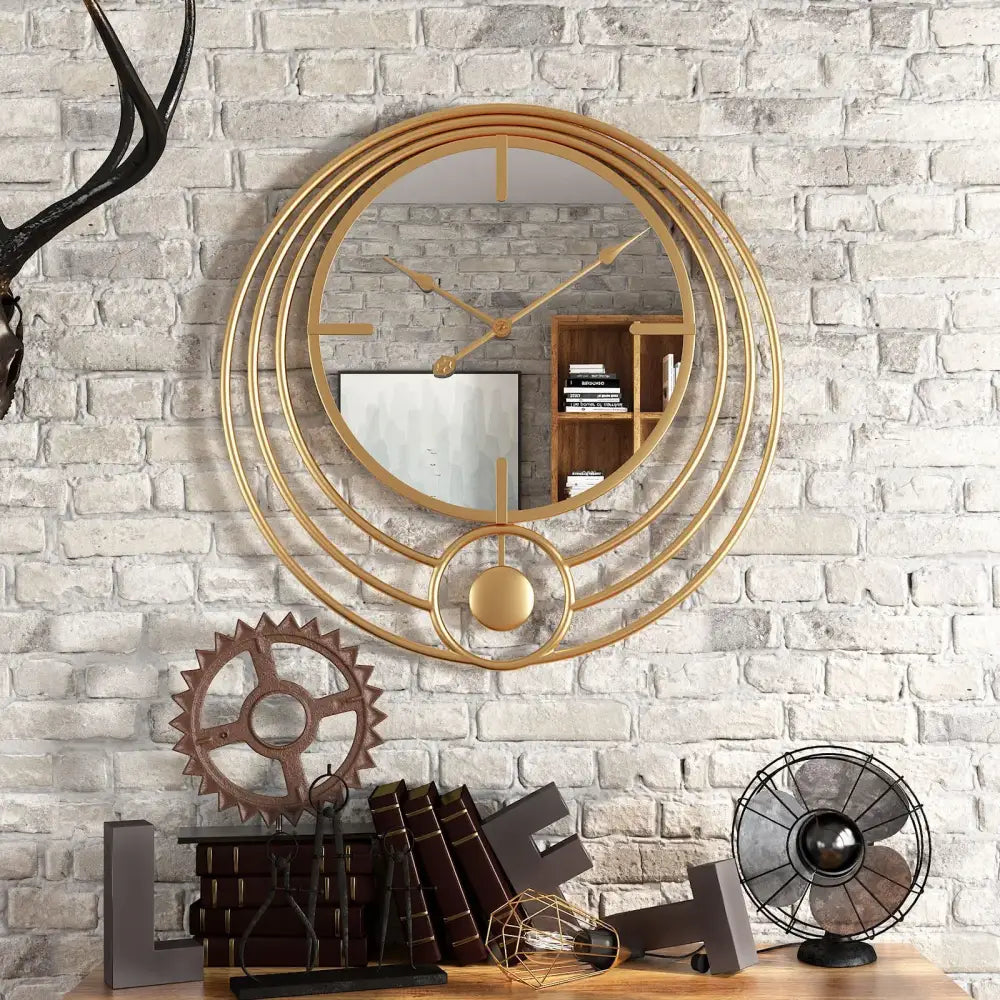 Modern metal mirror wall clock 20 inch hanging in a bright interior