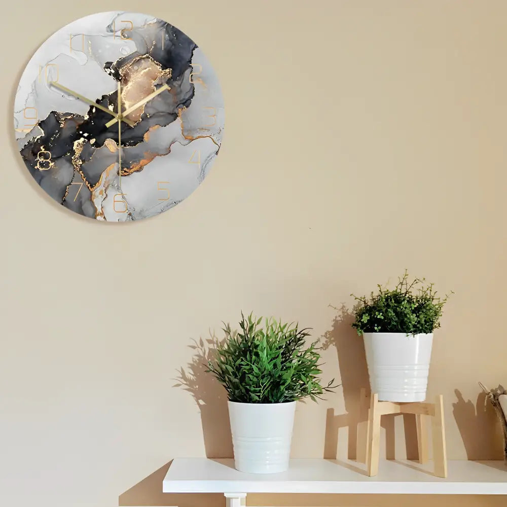 Close-up of silent quartz needle display on modern art wall clock