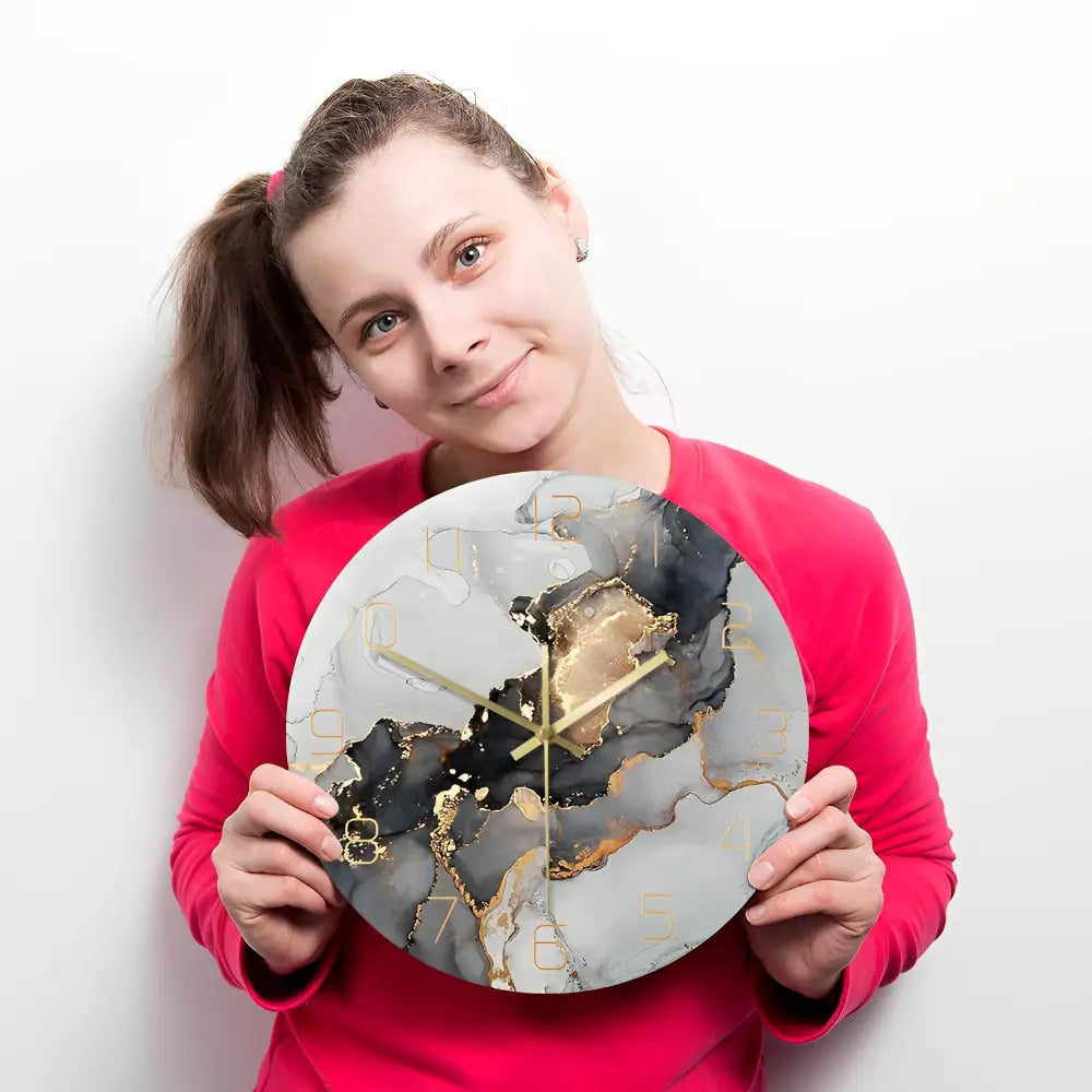 Side profile of modern art wall clock showing plastic and acrylic construction