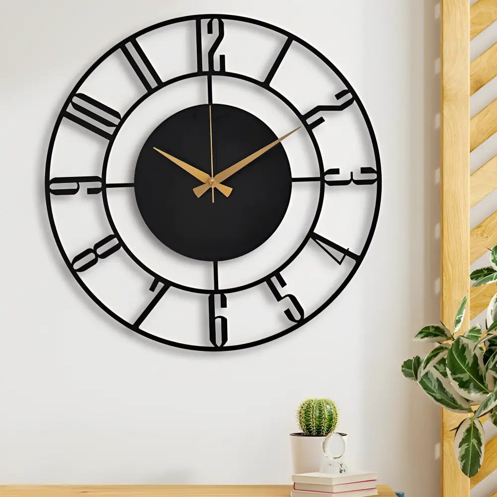 Close-up of silent quartz analog hands on black wooden wall clock