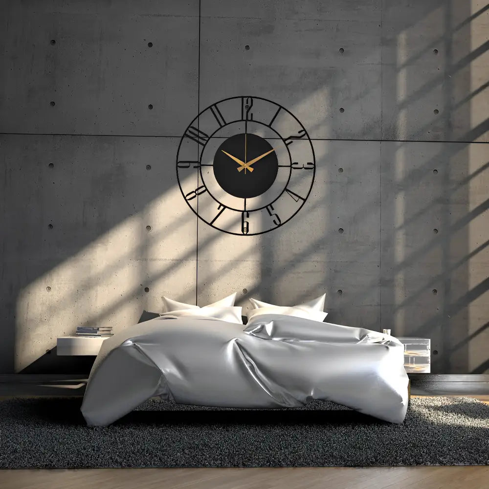 Black wood wall clock mounted on a light living room wall