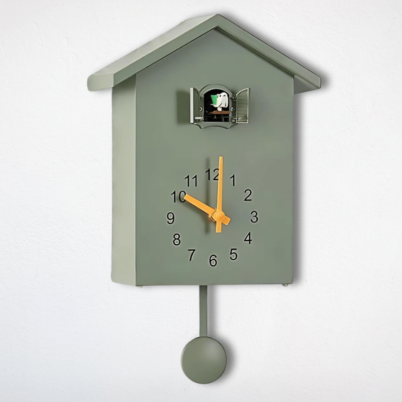 Green modern cuckoo wall clock with 24-hour pendulum motion