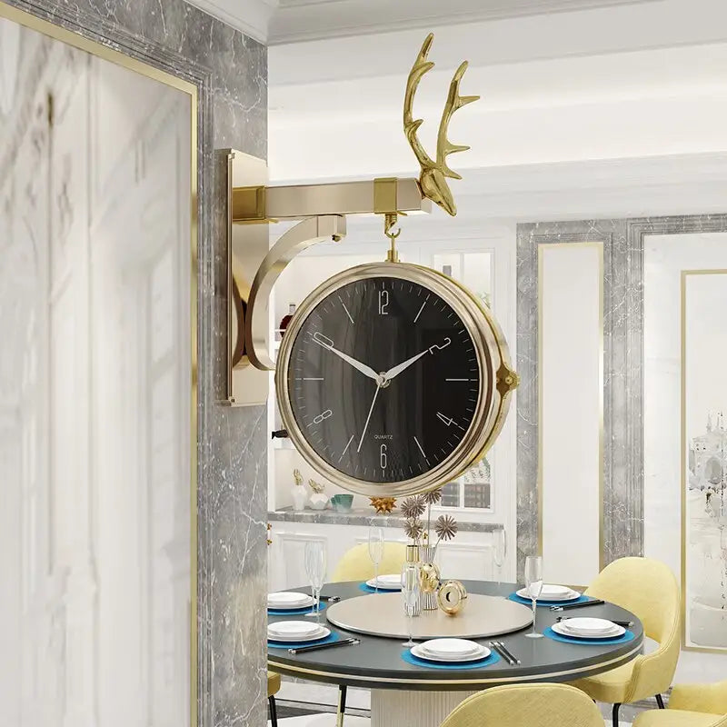 Close-up of acrylic body and glass mirror detail on double-sided wall clock