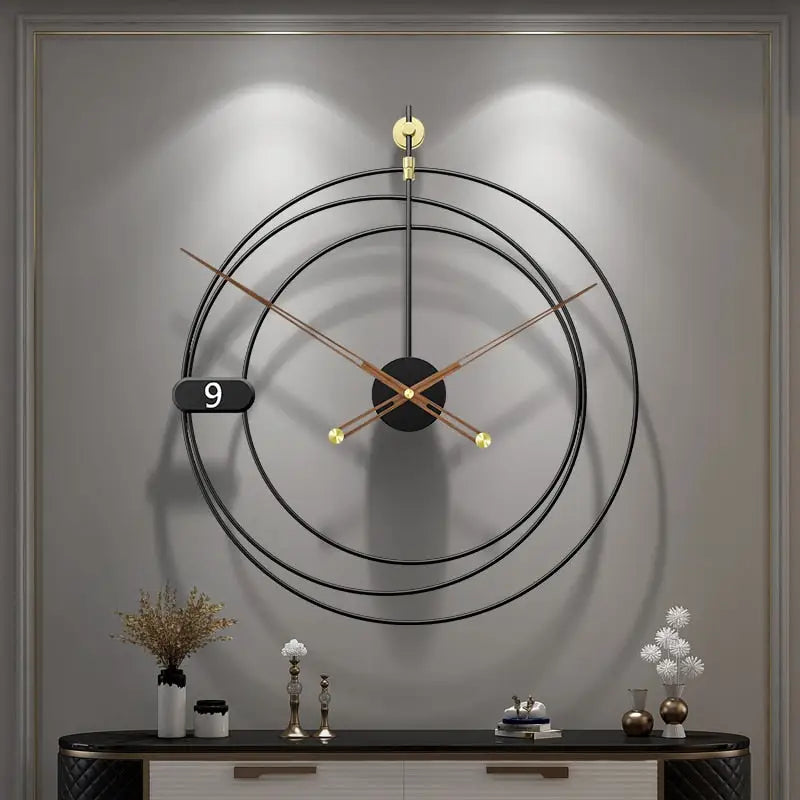 Large geometric wall clock in 53x58 cm size displayed in a modern living room
