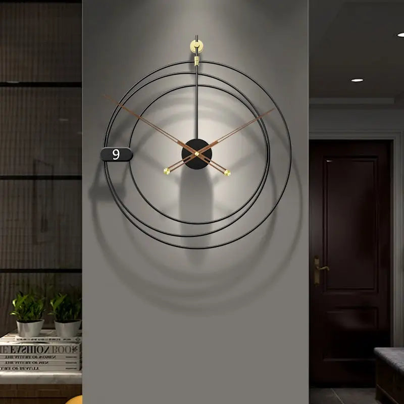 Close-up of geometric wall clock metal body and analog hands