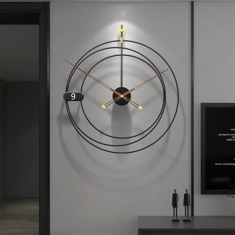 62x68 cm geometric metal wall clock as a statement piece above a sofa