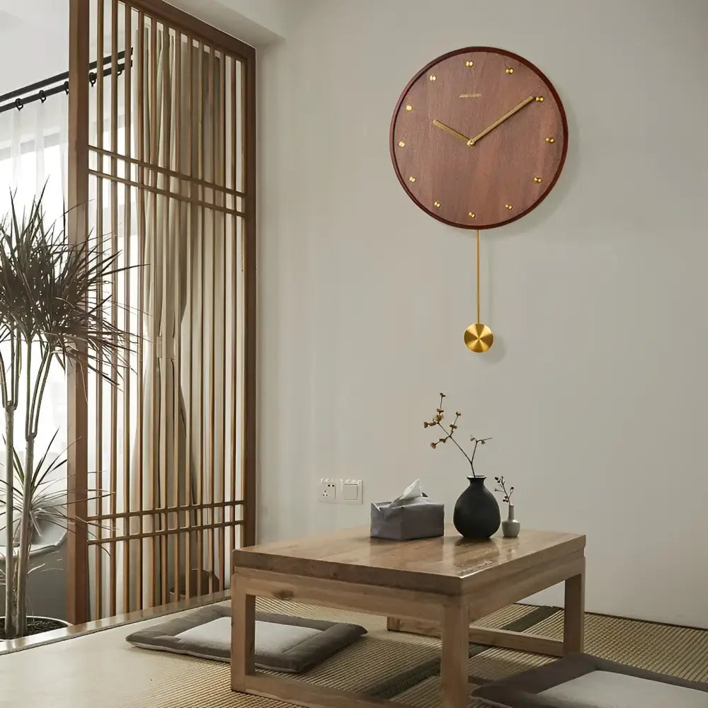 Japanese minimalist bamboo wall clock with swinging pendulum
