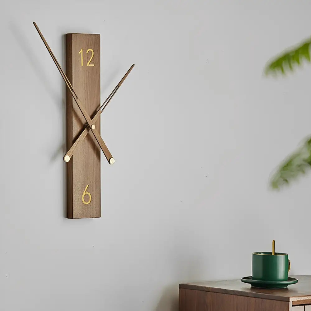 Silent quartz analog wall clock with wood body mounted on white wall