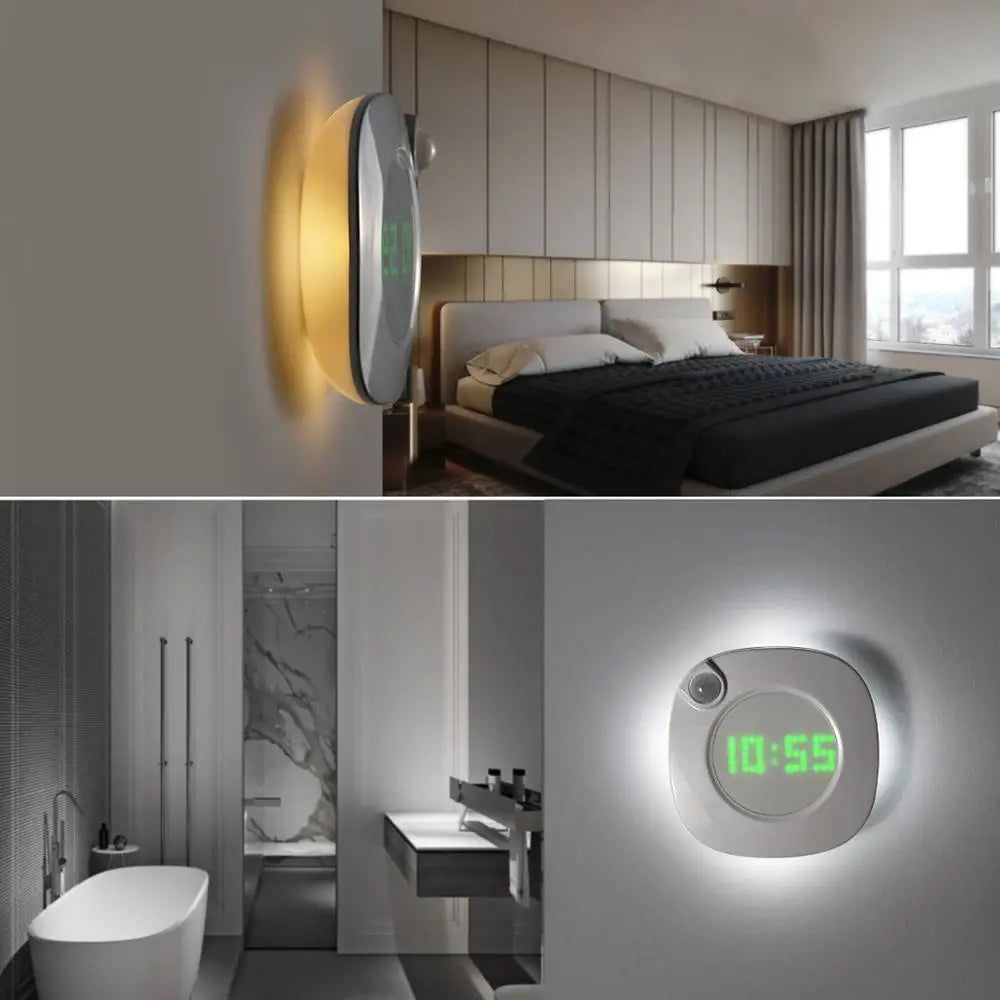 Close-up of LUMINOVA digital display on motion sensor wall clock