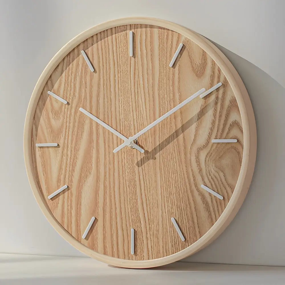 Light wood bamboo wall clock hanging in a modern living room
