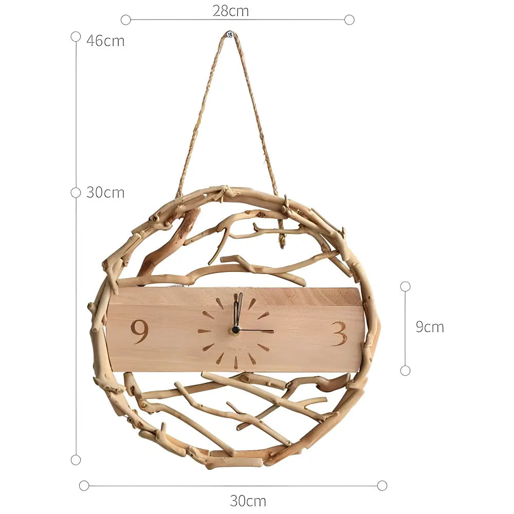 Natural branch wood wall clock hanging in a modern living room