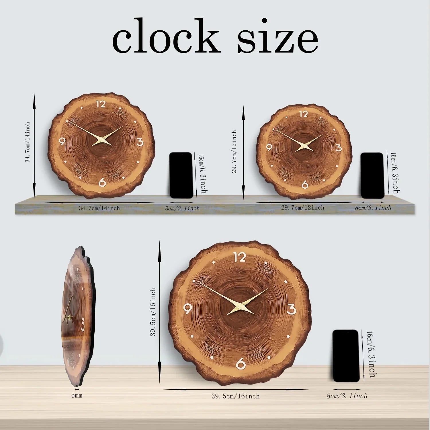 Natural finish wooden wall clock in a minimalist living room setting