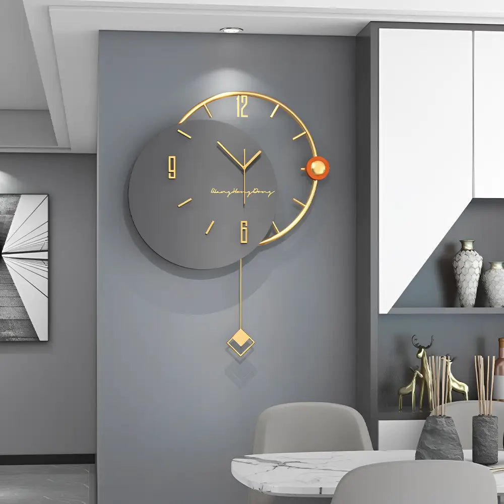 Close-up of silent quartz analog hands on abstract metal wall clock