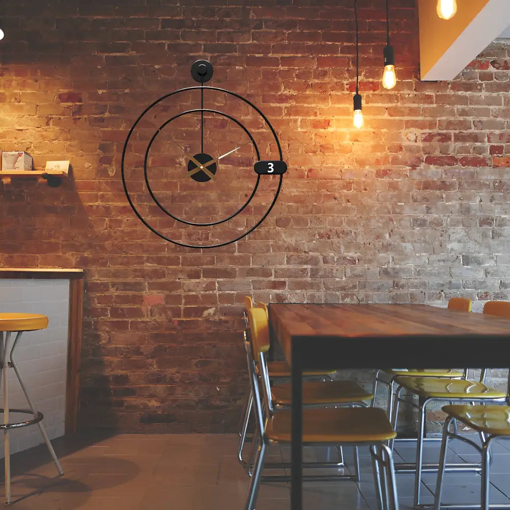 Orbital large wall clock in a contemporary living room setting