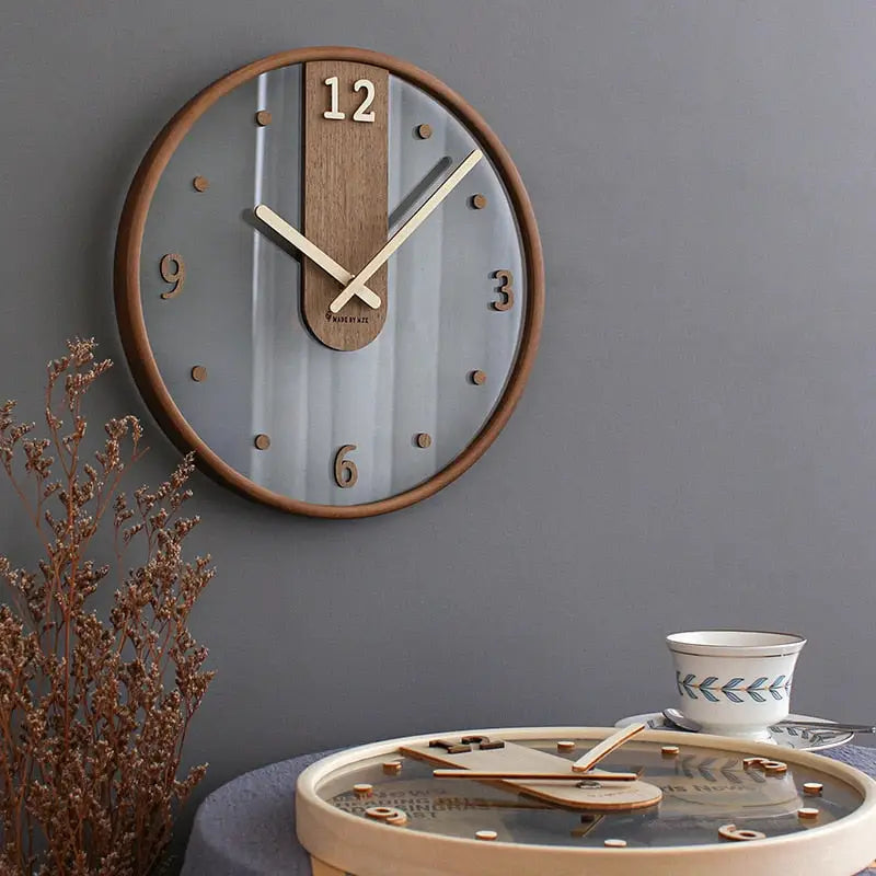 Silent wooden wall clock hanging in a modern living room
