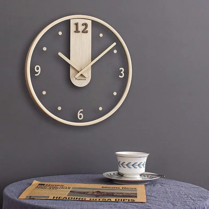 Close-up of organic glass dial and precision quartz hands on wooden wall clock
