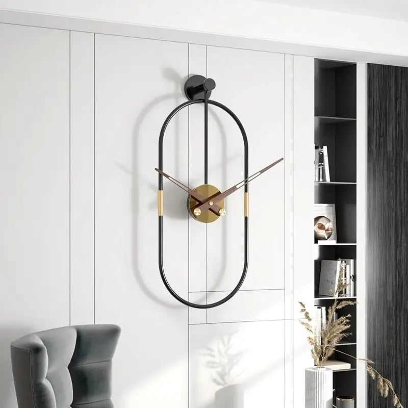 Full view of 57 cm oval metal wall clock with clean geometric design