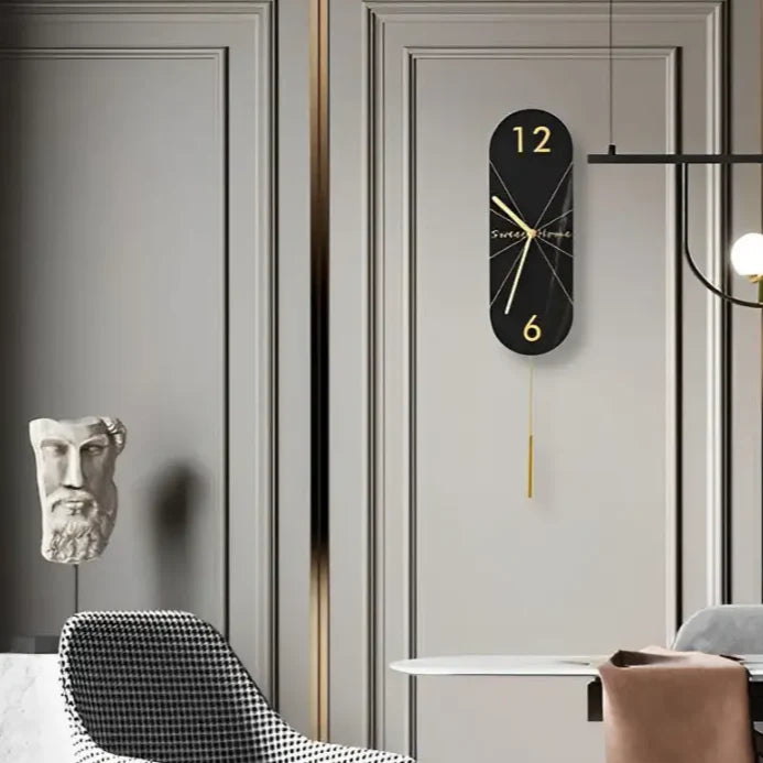 Round pendulum wall clock white acrylic marble finish close-up