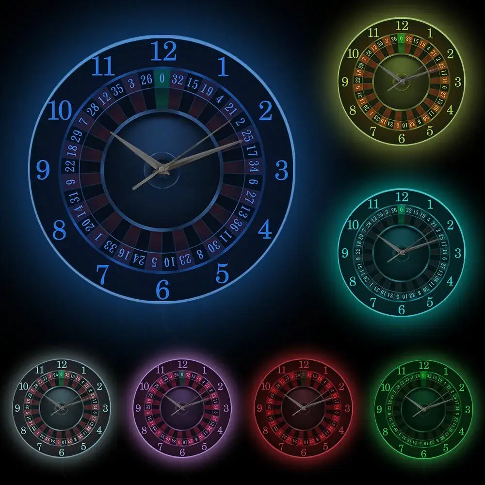 Poker Roulette Silent Wall Clock - White Frame With LED