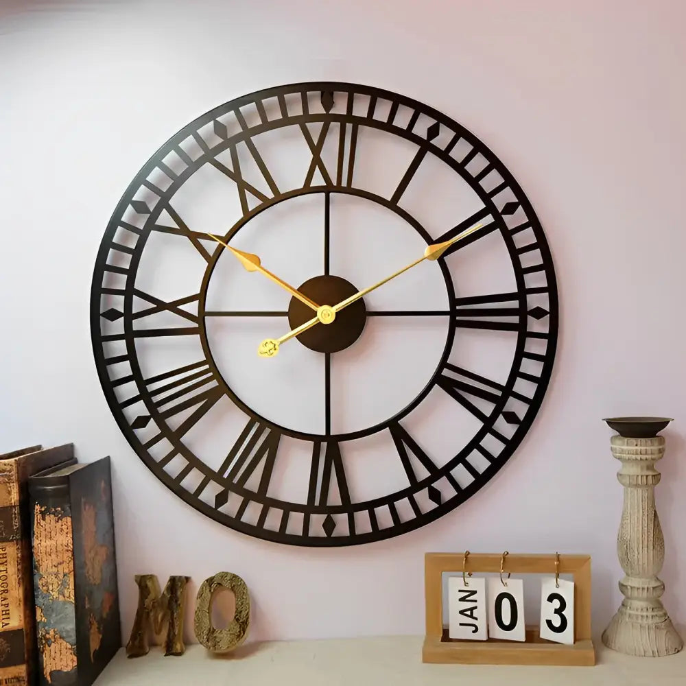 Abstract circular iron wall clock with black hands in a modern living room