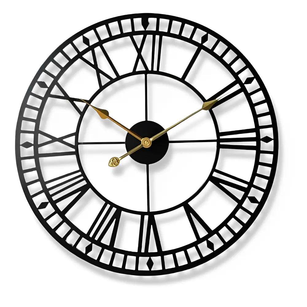 Side view of iron-body wall clock showing depth and abstract design