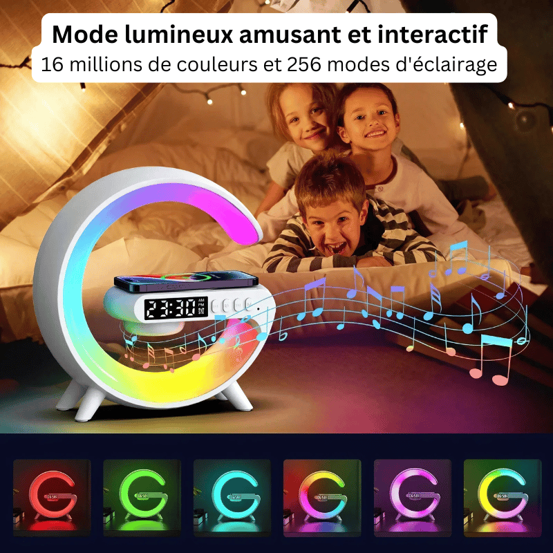 Close-up of RGB lighting modes on compact bedside alarm clock