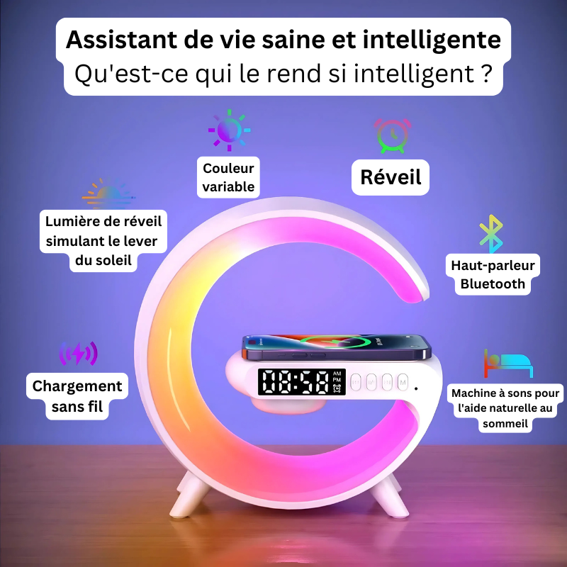 Top view of 15W wireless charging pad on RGB alarm clock station