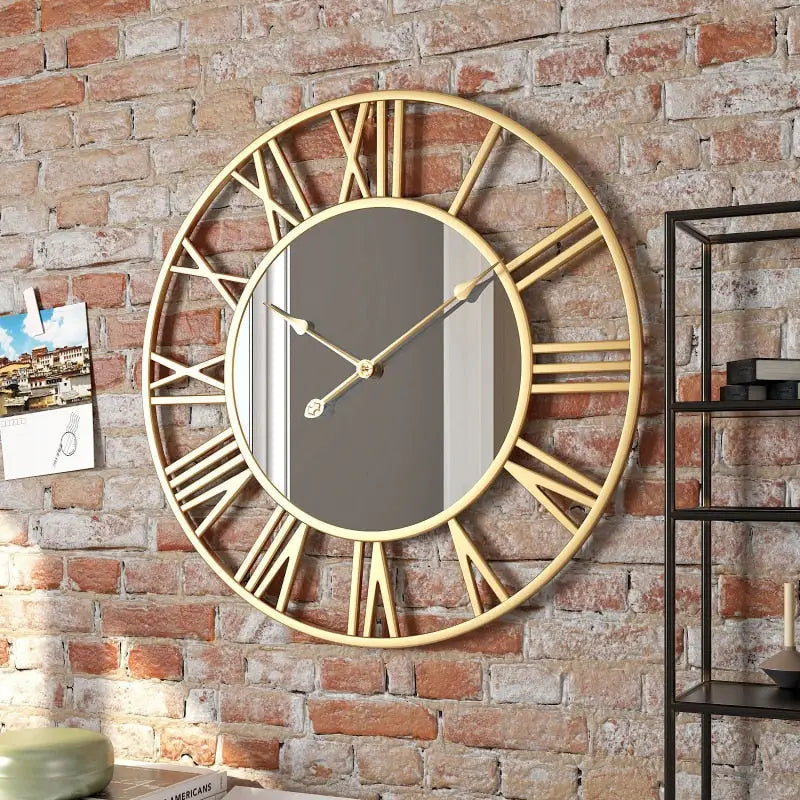 Gold Roman numeral mirror wall clock with plexiglass mirror face, 50 cm