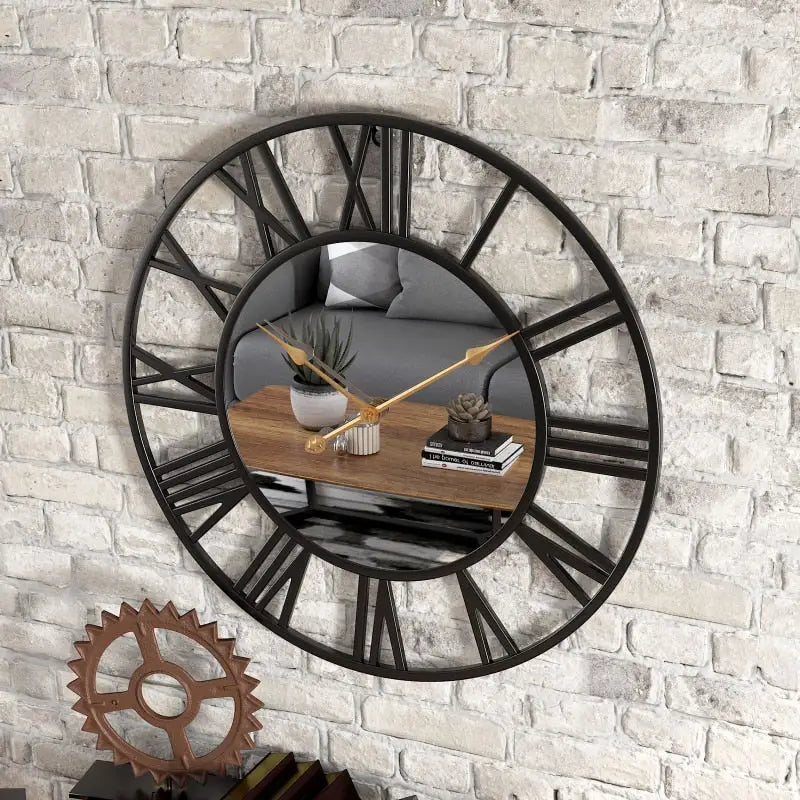 Side profile of solid metal body Roman numeral wall clock showing depth