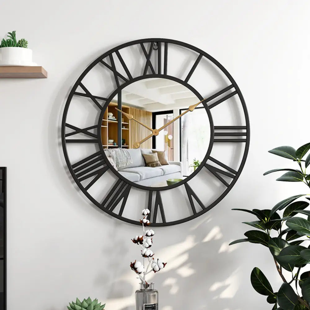Roman Numeral Mirror Wall Clock - Metal Body, Silent Quartz