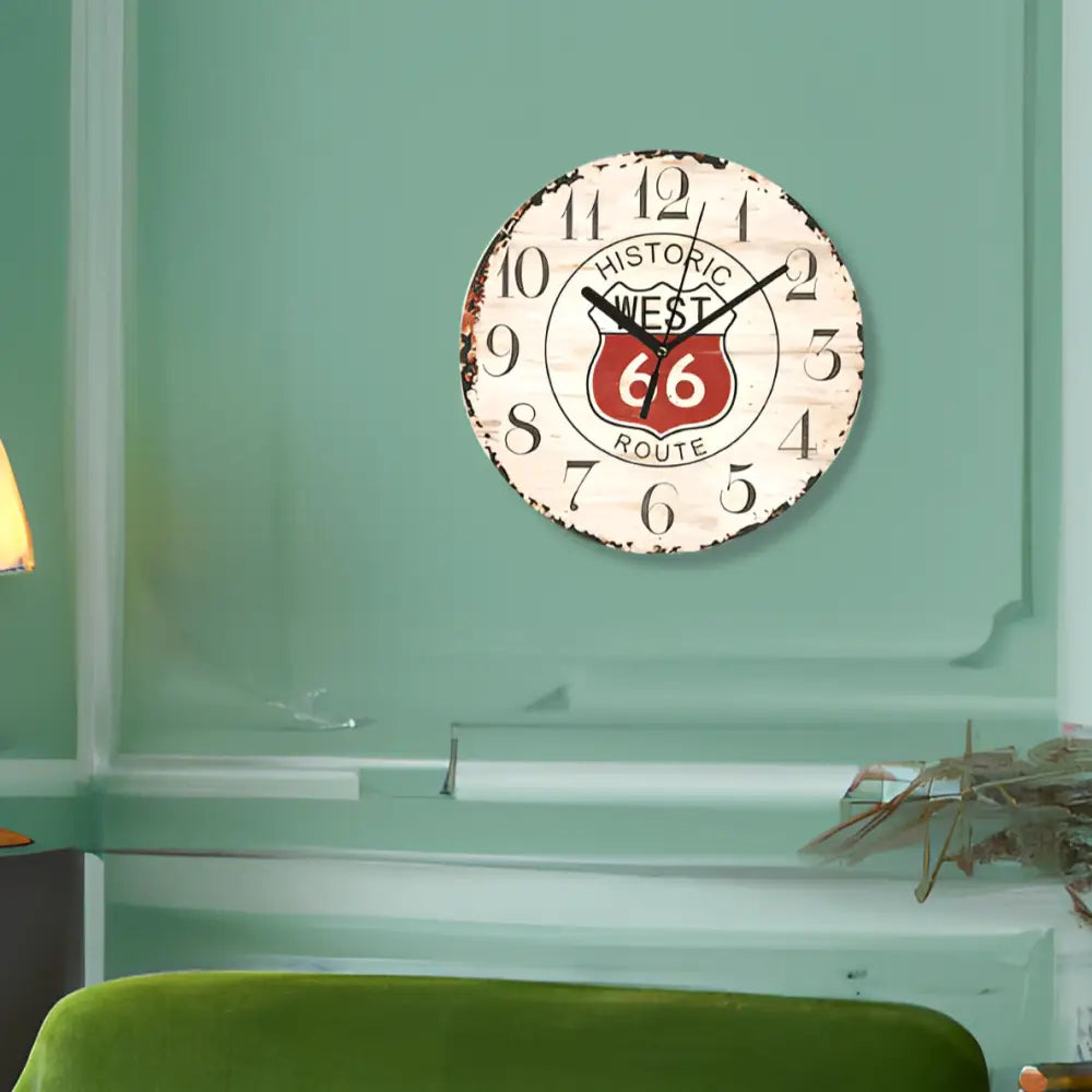 Close-up of Route 66 retro clock face showing quartz sweep hands