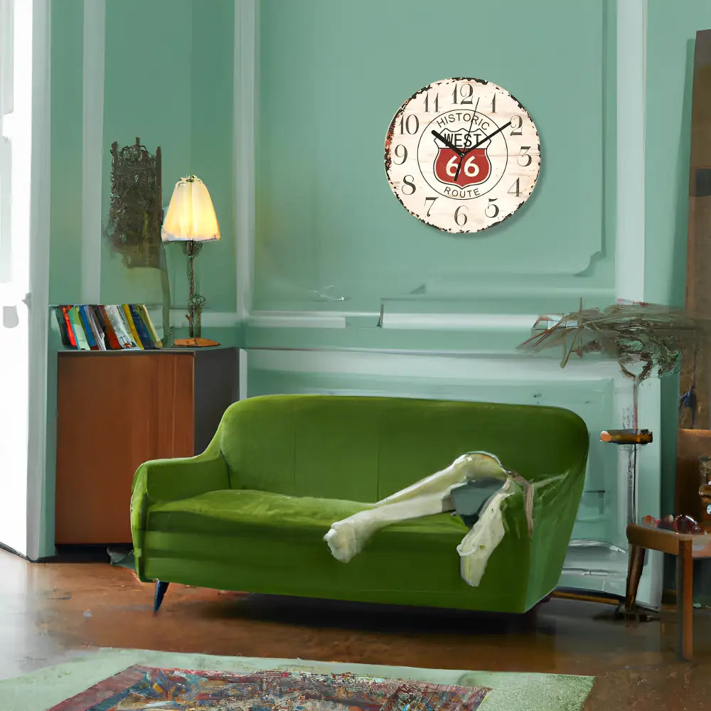 Route 66 wooden wall clock hanging in a rustic kitchen setting