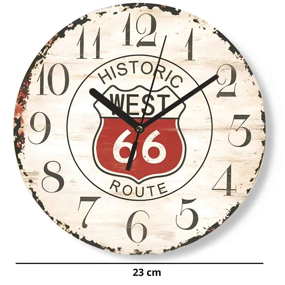 Route 66 vintage wall clock displayed in a living room on a brick wall