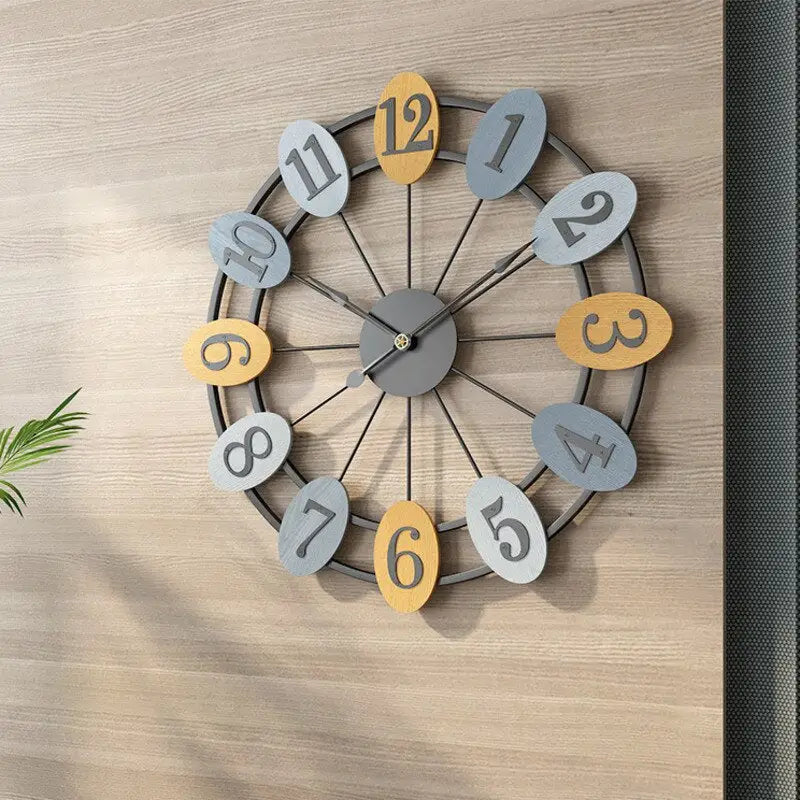 Large rustic wall clock mounted in a modern living room