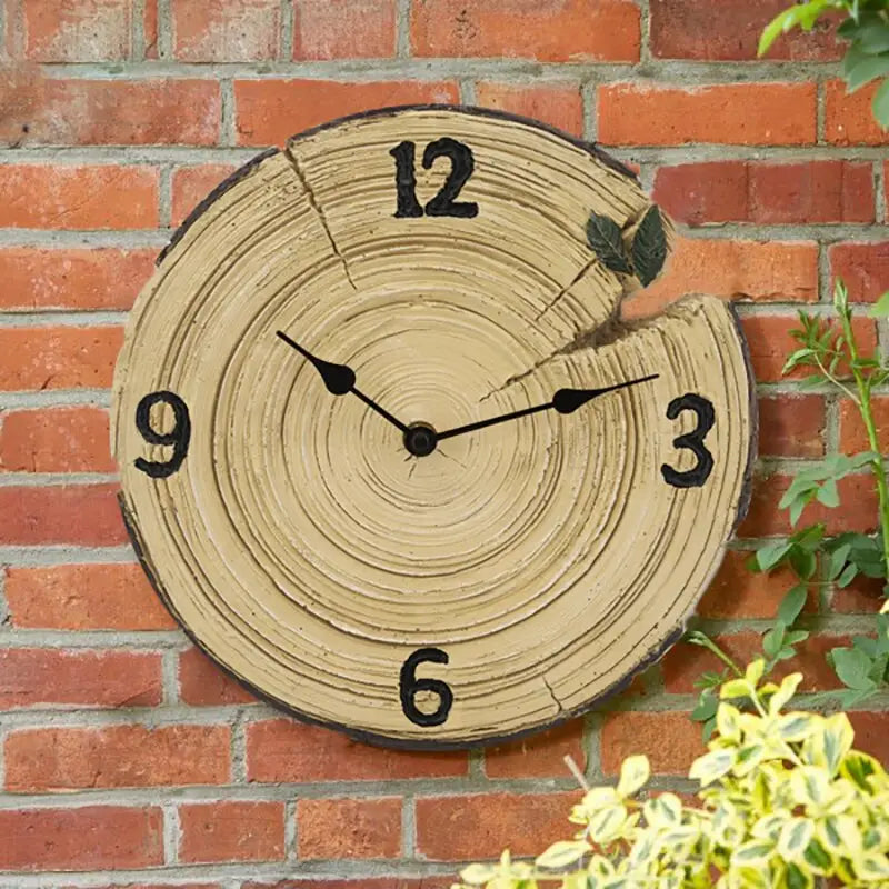 Close-up of wood accent dial on rustic analog wall clock