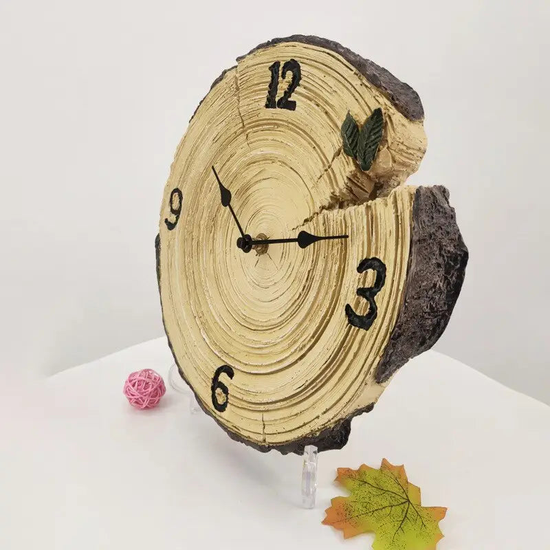 Silent log wall clock displayed on an outdoor porch