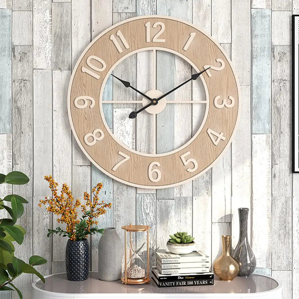 Silent quartz wall clock with analog hands in natural wood