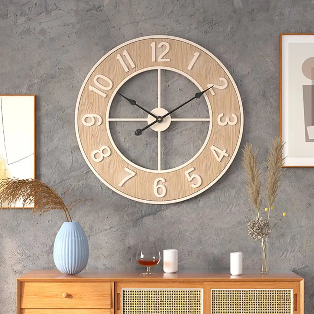 Large 60 cm wooden wall clock in a modern living room