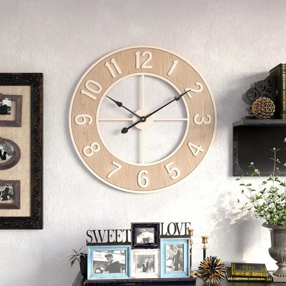 Natural wood wall clock hung in a bright Scandinavian-style kitchen