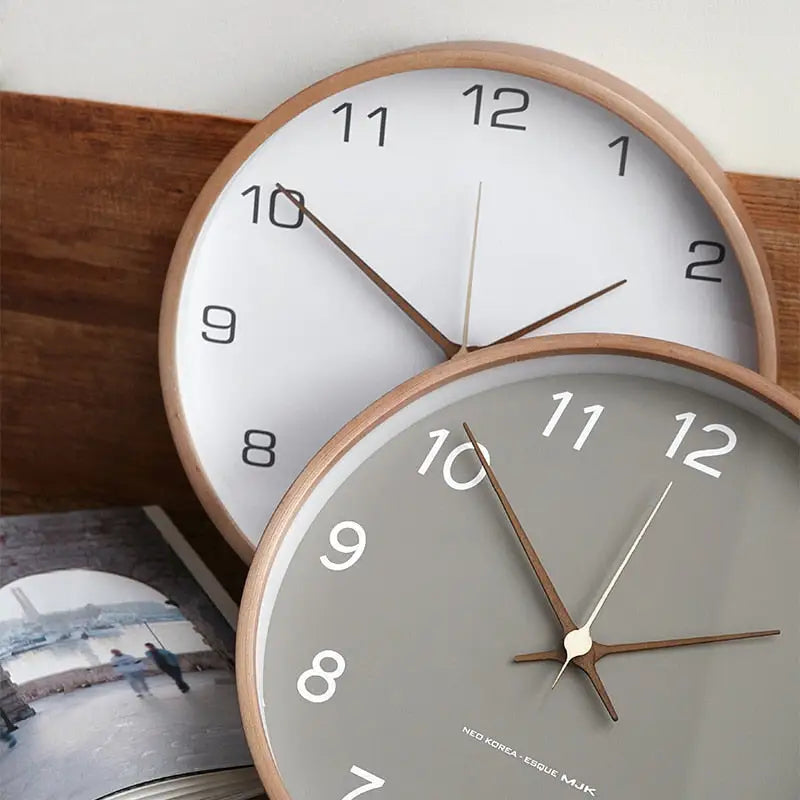 Nordic wood wall clock gray 30 cm close-up showing analog hands and PVC dial