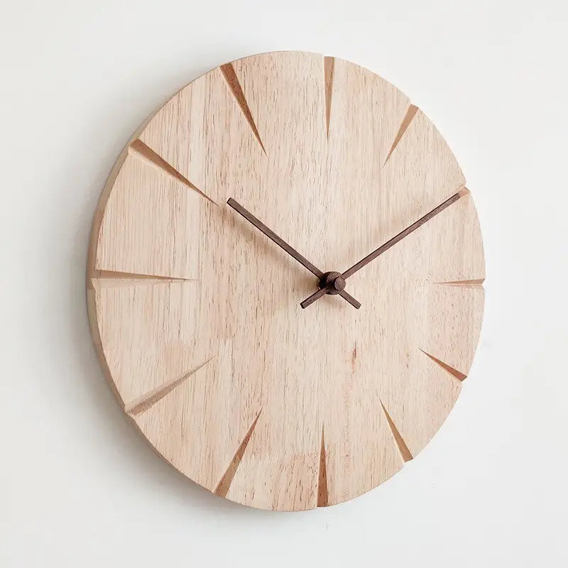 Minimalist wooden wall clock hanging in bedroom setting