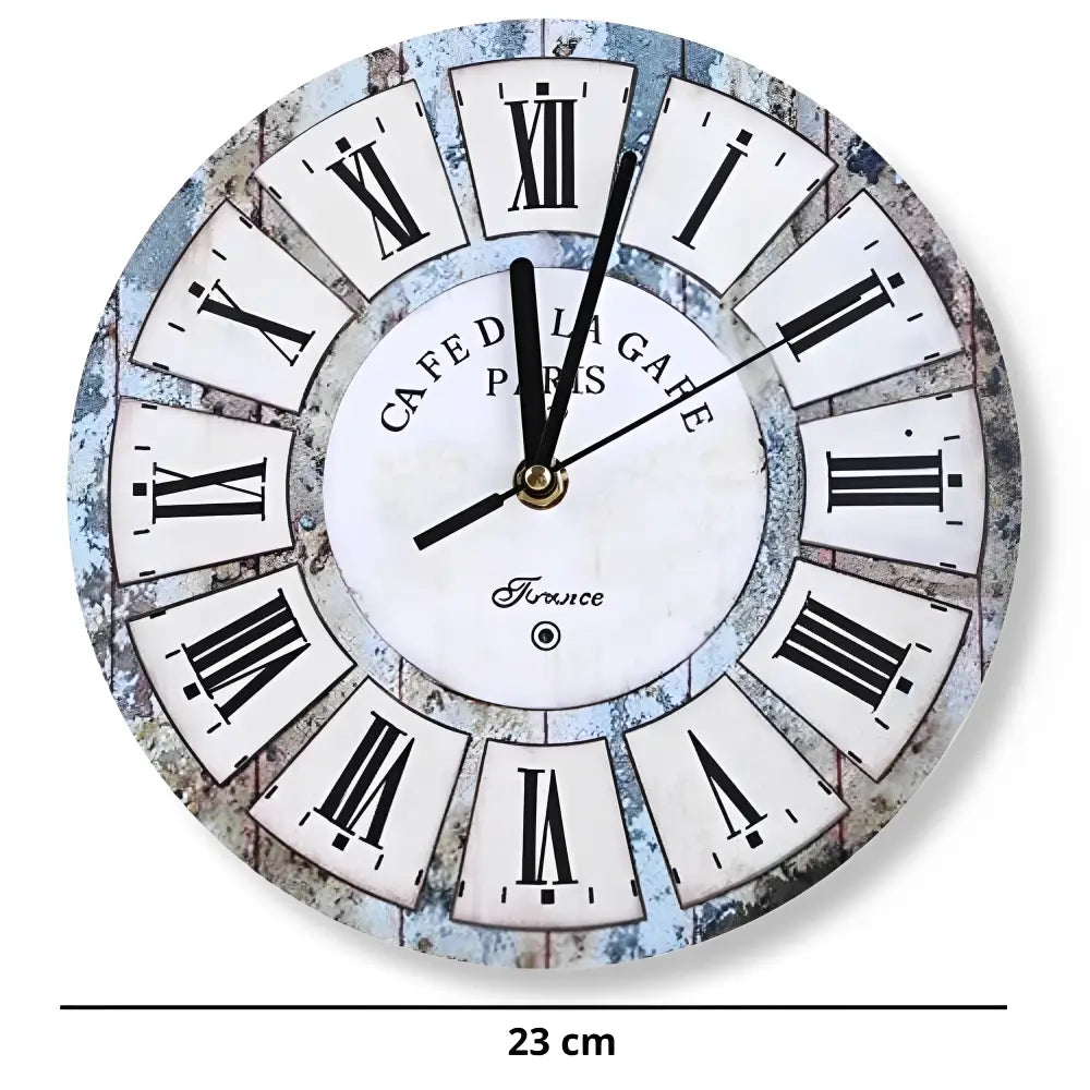 Close-up of Roman numeral dial on vintage wooden wall clock
