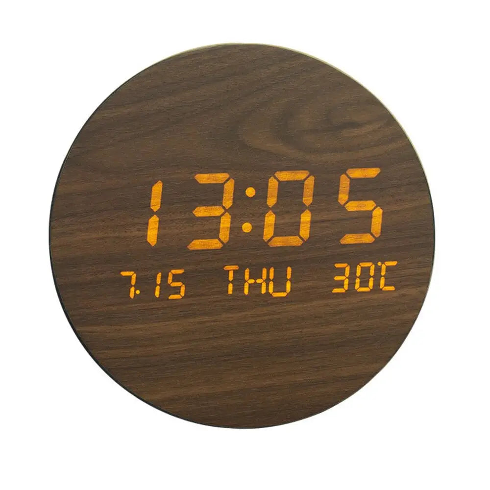 Close-up of soft non-glare LED display on solid wood wall clock
